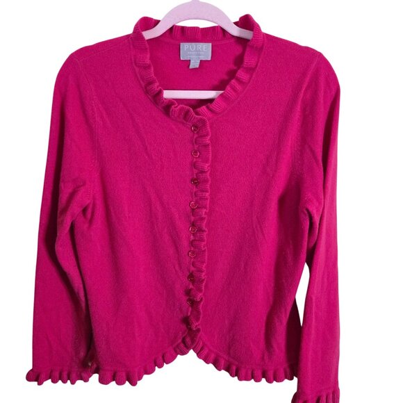 Pure Collection Raspberry Pink Ruffled 100% Cashmere Cardigan Sweater Size M - Picture 2 of 7
